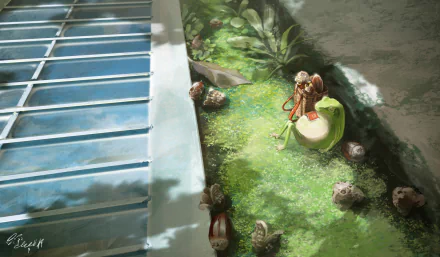 HD anime-style desktop wallpaper featuring a small frog character with a staff sitting on mossy ground surrounded by stones, illuminated by soft natural light.