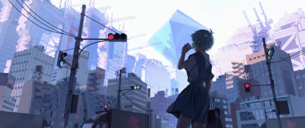 A high-definition desktop wallpaper featuring Rei Ayanami from Neon Genesis Evangelion, standing in an urban setting under a futuristic sky with tall buildings and street lights.