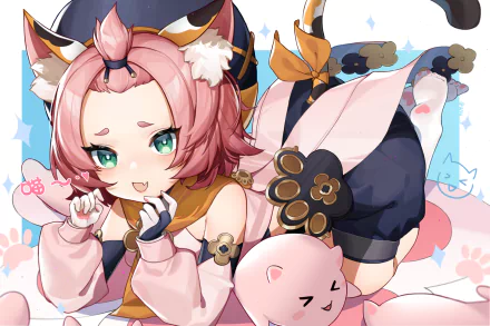 HD PC desktop wallpaper featuring Diona from the video game Genshin Impact in a cute pose with pastel colors and playful elements.