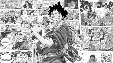 Black and white HD wallpaper featuring Monkey D. Luffy from the anime and manga series One Piece, surrounded by vibrant comic panels showcasing his adventures and expressions.