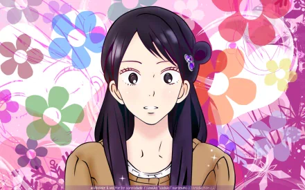A vibrant HD desktop wallpaper featuring Sawako Kuronuma from the anime Kimi Ni Todoke, set against a colorful floral background.