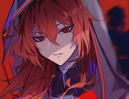 HD PC desktop wallpaper featuring Diluc from the video game Genshin Impact with detailed red hair and intense eyes in a dark, atmospheric background.