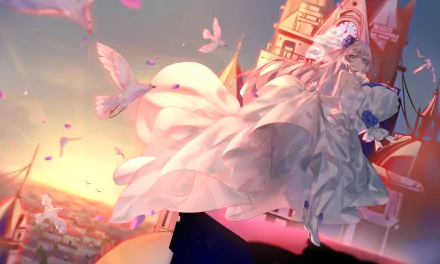 5K Ultra HD PC wallpaper of Bronya Zaychik (Honkai Impact 3rd) in a flowing white dress with long white hair, surrounded by white doves above a glowing sunset cityscape.
