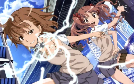 HD anime desktop wallpaper featuring characters from A Certain Scientific Railgun, showcasing dynamic action and electric powers against a cityscape background.