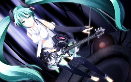 HD anime wallpaper featuring Hatsune Miku holding a guitar, showcasing vibrant colors and dynamic lighting in a dark, stylized Vocaloid-themed setting.