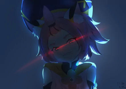 HD PC desktop wallpaper featuring Diona from Genshin Impact with glowing blue eyes and pink hair in a dark, atmospheric style.