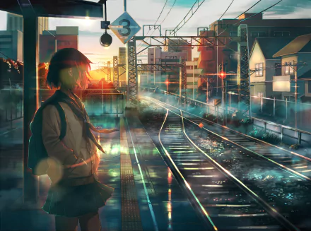 Anime girl with short hair in uniform stands on a train platform at sunset, captured in a detailed HD PC desktop wallpaper background.