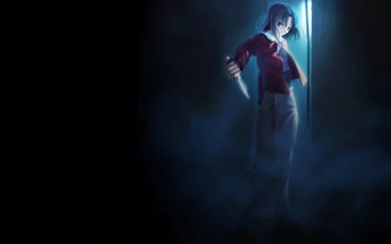 HD PC desktop wallpaper: The Garden of Sinners anime — blue-lit lone figure in a red jacket stands in mist holding a glowing blade against a dark background.