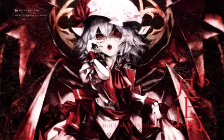 A striking HD wallpaper featuring Remilia Scarlet from the anime series Touhou, set against a dark, swirling background that enhances her mysterious allure.