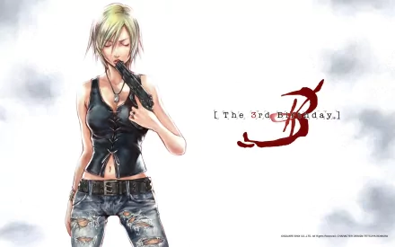 HD PC desktop wallpaper featuring Brea from the video game Parasite Eve, celebrating the 3rd birthday with a striking, minimalist design.