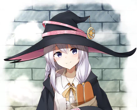Anime-style HD desktop wallpaper of Elaina from Wandering Witch: The Journey of Elaina, featuring her in a black witch hat with a star emblem against a brick wall background.