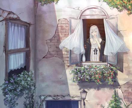 Elaina from Wandering Witch: The Journey of Elaina in anime style, standing at an open window with flowing curtains and a flower box on a sunlit stone wall — 2K Quad HD PC desktop wallpaper