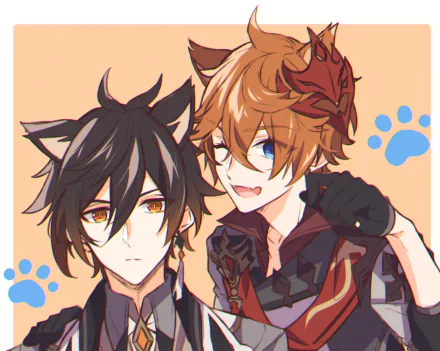 HD PC desktop wallpaper featuring Zhongli and Tartaglia Childe from Genshin Impact with animal ears, set against a soft peach background with blue paw prints.