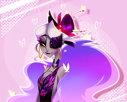 HD PC desktop wallpaper featuring Vaggie from the TV show Hazbin Hotel, showcasing vibrant colors and stylized character art with a pink and purple background.