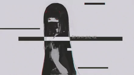8K Ultra HD anime girl with long dark hair and glitch effects, designed as a striking PC desktop wallpaper and background.