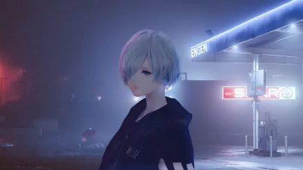 An 8K Ultra HD anime wallpaper featuring a girl with silver hair standing near a glowing gas station at night.