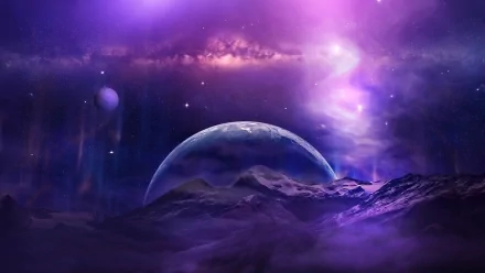 A vivid purple sci-fi night sky over mountains, featuring a glowing galaxy, stars, a large planet, and a bright moon, rendered in HD for a PC desktop background.
