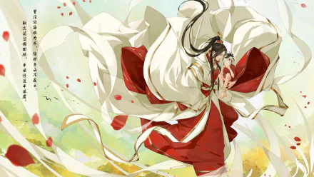 Anime HD PC desktop wallpaper — Tian Guan Ci Fu: a robed figure in flowing white and red garments twirls amid falling petals on a soft pastel background.