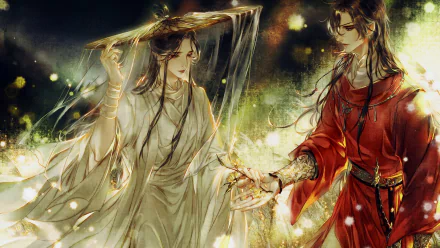 HD anime desktop wallpaper featuring Xie Lian and San Lang (His Royal Highness the Crown Prince of Xianle) from Heaven Official's Blessing (Tian Guan Ci Fu).