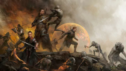 HD PC desktop wallpaper for the video game Gwent: The Witcher Card Game — raging battlefield with armed warriors and skirmishing monsters beneath an orange full moon.