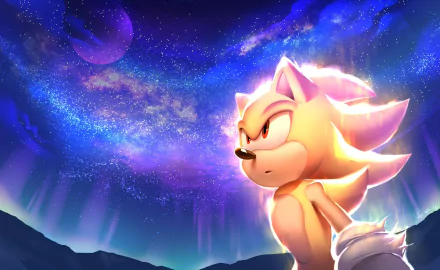 HD desktop wallpaper featuring Super Sonic from Sonic the Hedgehog with red eyes, gazing at a starry sky with vibrant colors.