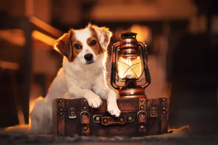 A HD desktop wallpaper featuring a dog resting its paw on a vintage suitcase, with an old-fashioned lantern beside it in a warmly lit scene.