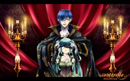 Anime Vocaloid HD PC wallpaper: blue-haired man in a regal cloak stands behind a seated teal twin‑tailed girl before red velvet drapes, illuminated by ornate golden candelabras.