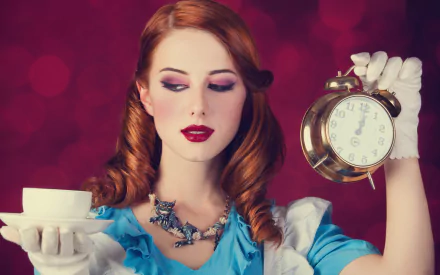 Alice In Wonderland redhead glove cup alarm clock makeup woman cosplay HD Desktop Wallpaper | Background Image