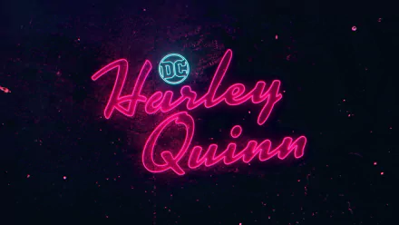 Neon pink Harley Quinn script with a small teal DC logo on a dark textured background — TV show logo presented as an HD PC desktop wallpaper.