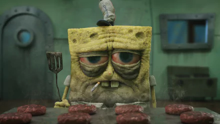 HD PC desktop wallpaper of a tired SpongeBob SquarePants from the TV show, smoking with a worn-out expression behind a grill of raw hamburgers.
