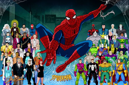HD PC desktop wallpaper background of Spider-Man from the TV show Spider-Man: The Animated Series, swinging front and center with allies and villains arrayed against a nighttime cityscape.
