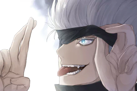 HD wallpaper of Satoru Gojo from Jujutsu Kaisen, featuring his distinctive white hair and blue eyes. In the image, he's shown with a playful expression, sticking out his tongue and adjusting his blindfold.