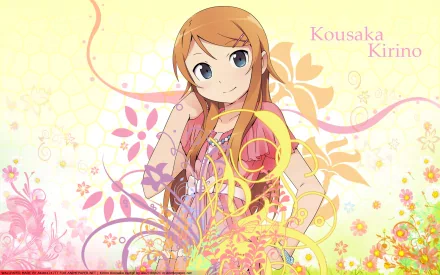 HD PC desktop wallpaper featuring Kirino Kousaka from the anime Oreimo, with a colorful floral and swirl background in pastel tones.
