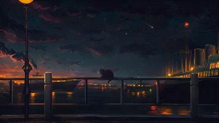 An anime-style HD desktop wallpaper featuring a serene night scene with a cat sitting on a railing, looking out at ships in the harbor under a starry sky.