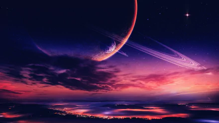 A vibrant sci-fi cityscape at night under a purple sky filled with clouds, stars, a glowing moon, and a large planet with rings, creating a stunning space-themed HD desktop wallpaper.