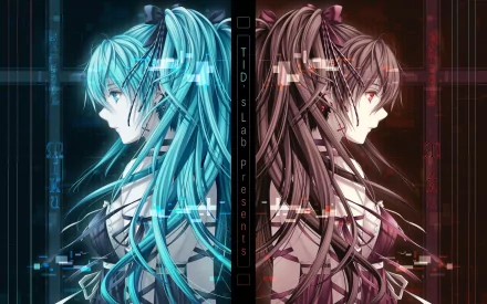 A striking HD wallpaper featuring Zatsune Miku and Hatsune Miku, showcasing their contrasting hairstyles and colors against a dynamic background, blending anime and Vocaloid aesthetics.