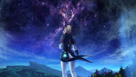 HD wallpaper featuring Jean from the video game Genshin Impact, standing under a stunning starry night sky, gazing into the cosmos.