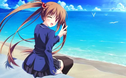 HD anime desktop wallpaper featuring a cheerful anime girl with long brown hair sitting by the ocean, flashing a peace sign under a bright blue sky.