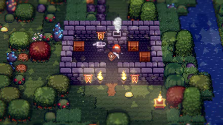 A cozy pixelated Tinkertown scene as a HD desktop wallpaper, featuring a character outside a stone house surrounded by trees and lanterns.