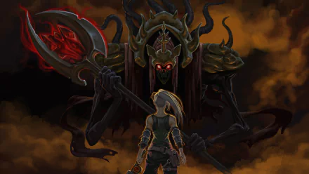 HD desktop wallpaper from Morbid: The Seven Acolytes with a warrior facing a menacing, monstrous entity wielding a large scythe.
