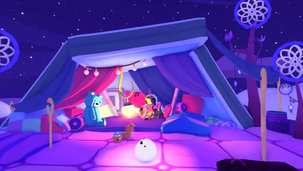HD desktop wallpaper from Phogs! depicting a colorful cartoon scene with whimsical creatures in a cozy tent under a starry night sky.