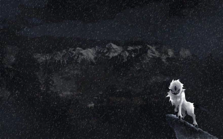 A dark-themed HD wallpaper featuring Absol from Pokémon, set against a snowy mountain backdrop, creating a moody and atmospheric scene in an anime style.