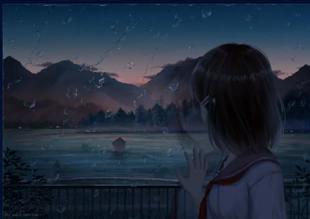 Anime girl with black hair gazes through raindrop-covered glass at a serene night mountain landscape, creating a moody HD desktop wallpaper atmosphere.