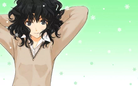 HD PC desktop wallpaper of Kaoru Tanamachi (Amagami) — anime girl with curly black hair in a beige sweater, hands behind her head against a mint-green, snowflake-speckled background.