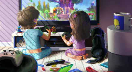 Anime-style HD PC desktop wallpaper/background: two children playing video games on the floor with a black dog beside them and a colorful game on the TV.