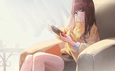 Anime girl with brown hair and eyes, sitting on a chair and playing Nintendo Switch, captured in a bright, cozy HD desktop wallpaper background.