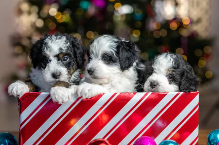  Three Cute Little Puppies in a Box Covered with Christmas Paper