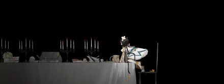 HD PC desktop wallpaper of an anime girl in a traditional outfit leaning over a candlelit table with scattered books and petals against a black background.