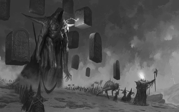 Dark, eerie 4K Ultra HD wallpaper featuring a grim reaper figure surrounded by floating tombstones in a desolate, misty graveyard scene.