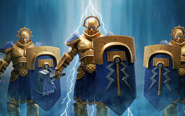 HD desktop wallpaper featuring three gold-armored Stormcast Eternals warriors from Warhammer Age of Sigmar, each holding a shield and weapon amid a stormy, lightning-filled backdrop.